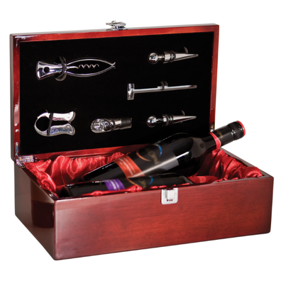 Rosewood Piano Finish Double Wine Presentation Box with 6 Tools.