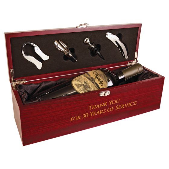 Rosewood Finish Single Wine Box with Tools & Black Lining.