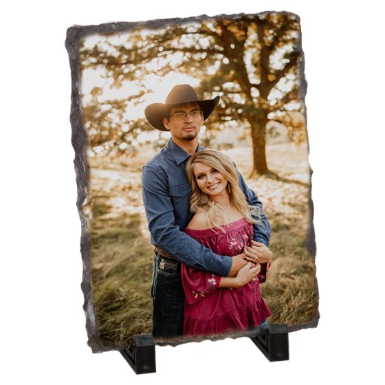 Slate with a country couple on it